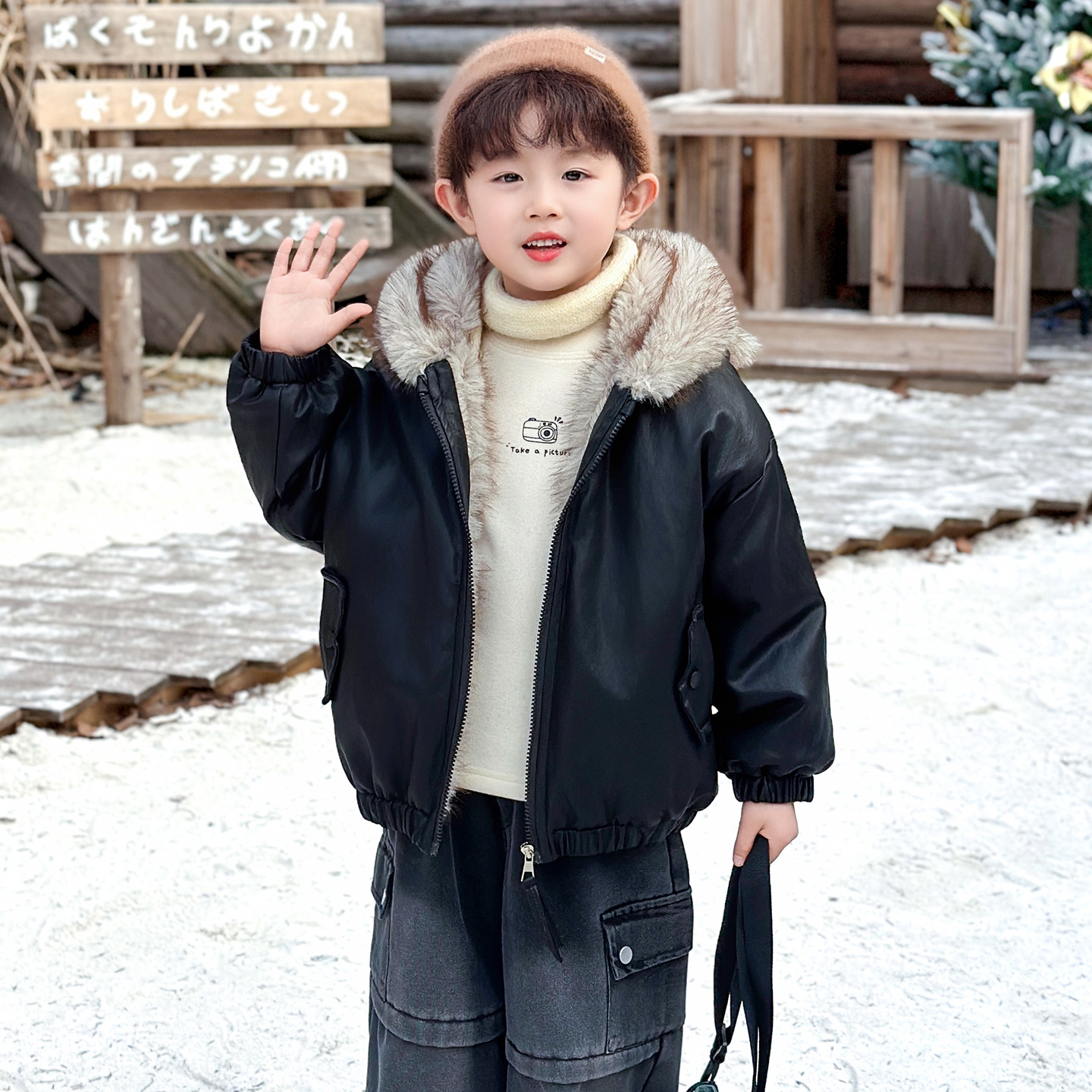 男童加绒皮毛加厚连帽夹克外套