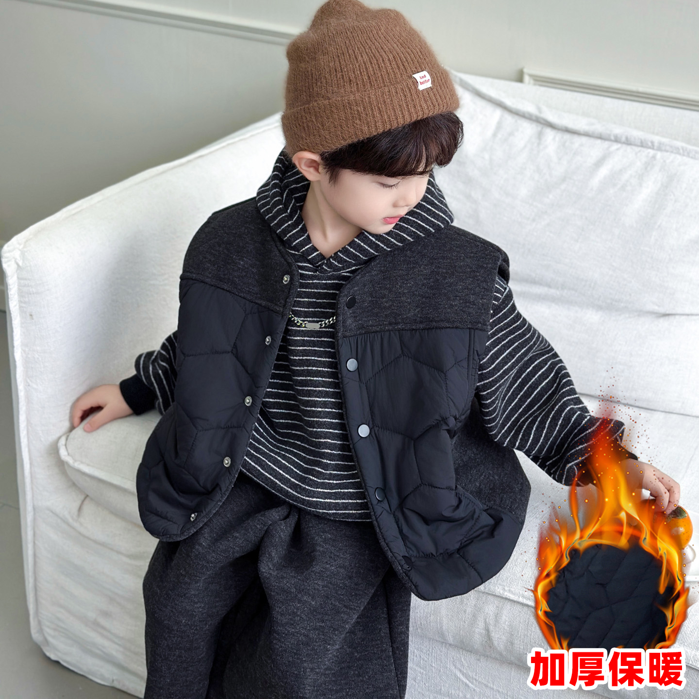 男童加绒卫衣三件套2025新款洋气儿童秋冬款男宝夹棉马甲裤子套装