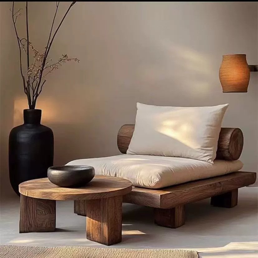 新中式老榆木沙发床民宿酒店原木风沙发椅实木家具阳台沙发座椅