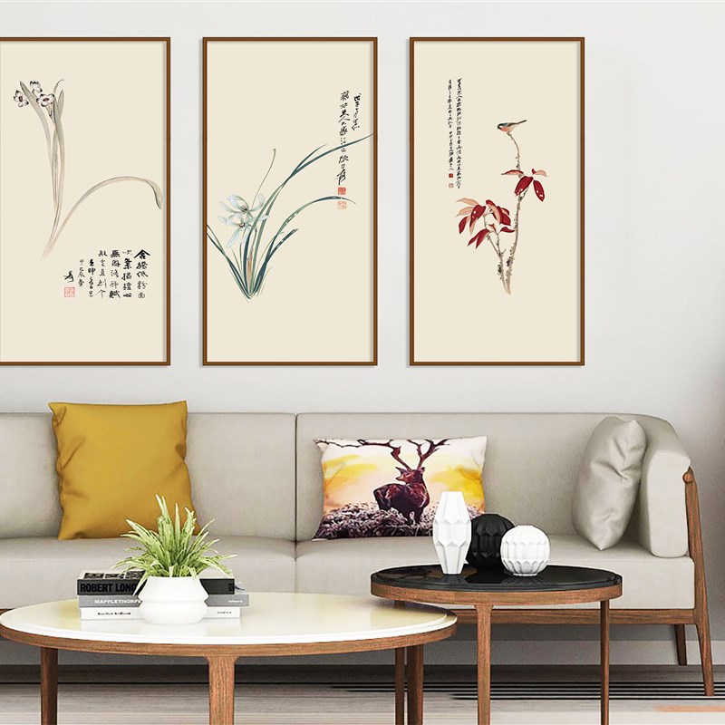 新中式三联画花卉书法壁画沙发背景墙装饰画客厅挂画书房组合画图片