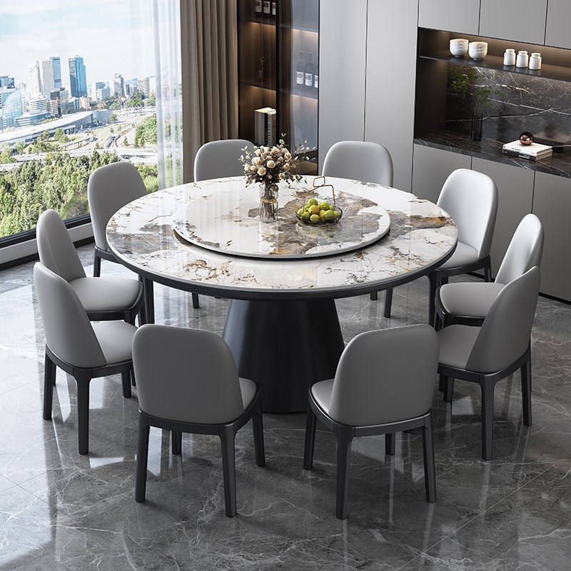 实木岩板餐e桌北欧轻奢圆桌现代简约转盘家用小户型圆形电磁炉桌