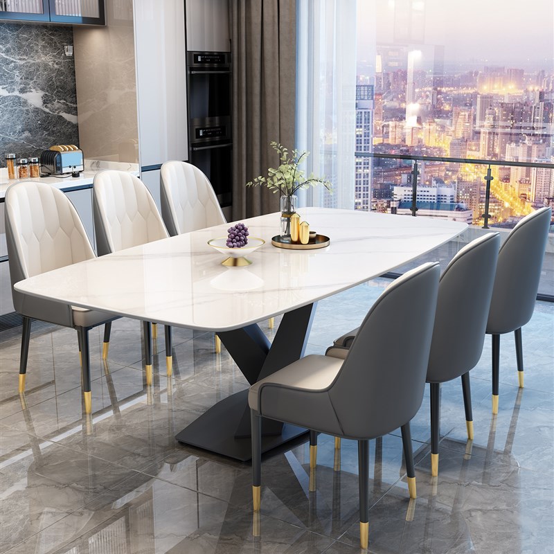 轻奢岩板餐桌椅组合小户型v家用现代简约客厅长方形饭桌西餐桌