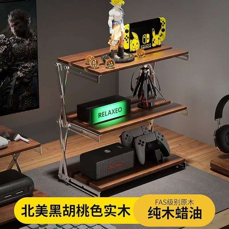 可折叠实木桌面三层置物架便携式小桌子整理书房电竞桌搭收纳架子