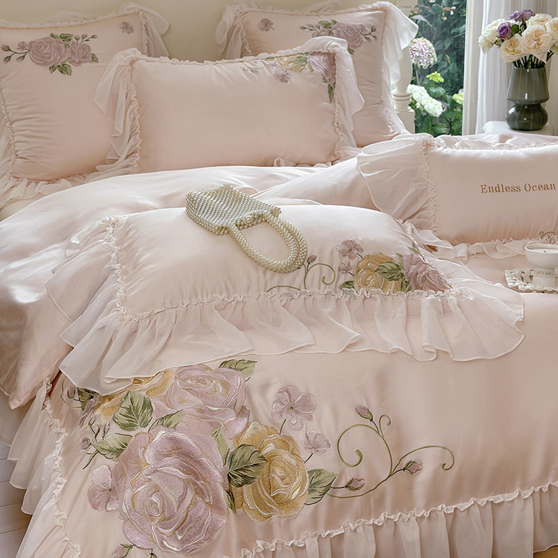 法式田园风100S天丝棉四件套被套床罩裸睡亲肤床单公X主高级感床