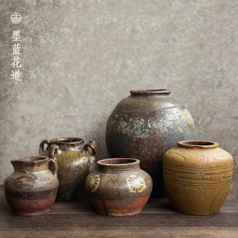 旧物老坛子陶罐金缮修复老u物件坛子老缸花器禅意中式插花器皿陶