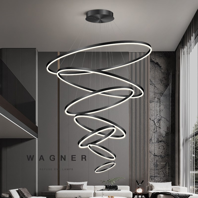 客厅吊灯现代简约大气圆环复式楼B主灯2025新款挑高别墅楼梯灯