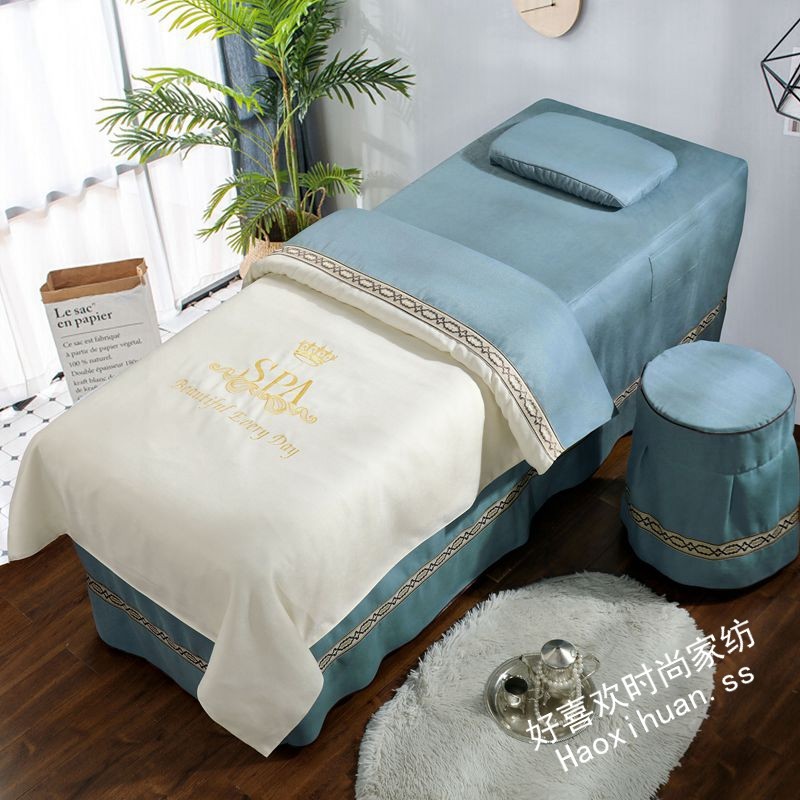 网红美容床罩四件套高档 棉麻加A厚荷兰绒床套 美容院专用北欧风