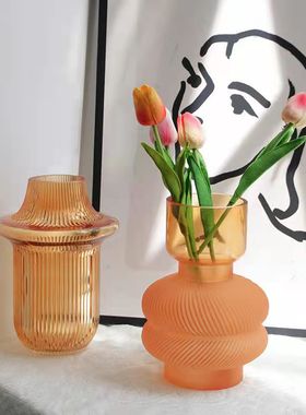 北欧香槟色莫兰迪玻璃花瓶插花水养样板间客厅餐桌面装饰摆件干花