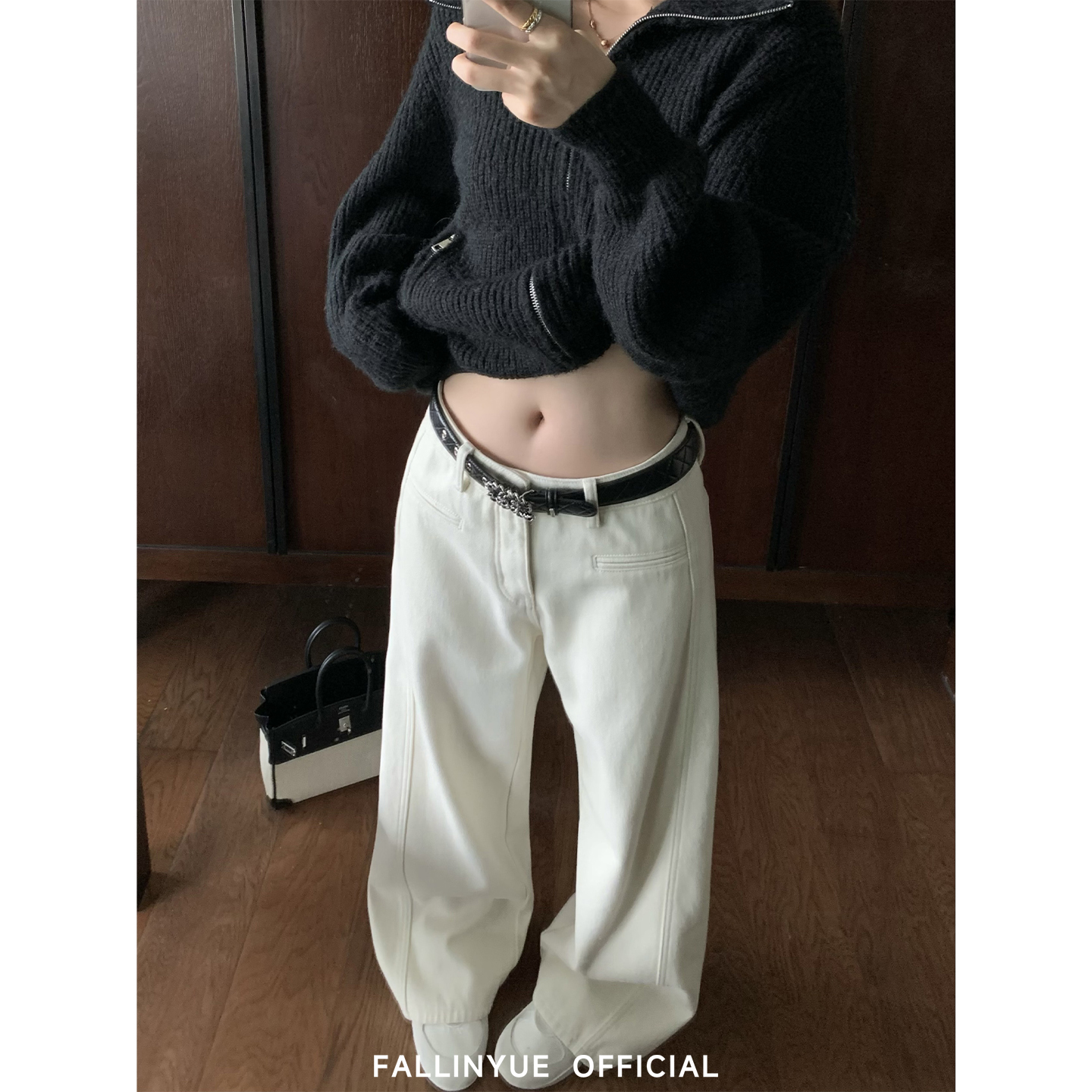 Fallinyue  ROw式美学 老钱风一字袋抓绒宽松阔腿白色牛仔长裤女
