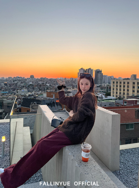 Fallinyue 老钱调性 时髦定染酒红色中高腰直筒牛仔裤百搭休闲裤