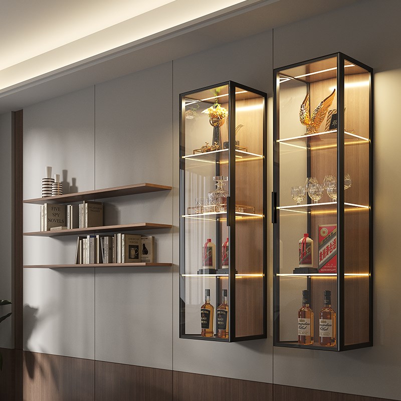 定制极简悬浮玻璃吊柜墙壁柜挂墙式客厅家M用厨房铝合金酒柜展示