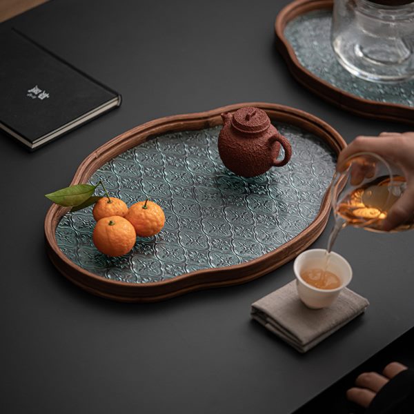 茶盘茶室海棠花水果茶托盘玻璃点心盘家用简约复古竹制收纳盘日式