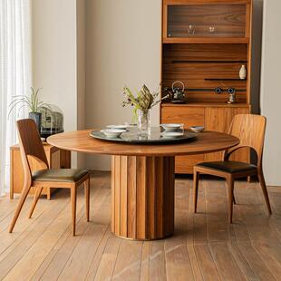 缅甸柚木圆桌现代简约实木中古北欧家用餐桌椅宋氏美学原木风侘寂