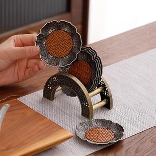 中式仿古银合金茶杯垫竹席隔热茶杯杯托茶碟功夫茶具配件带收纳架