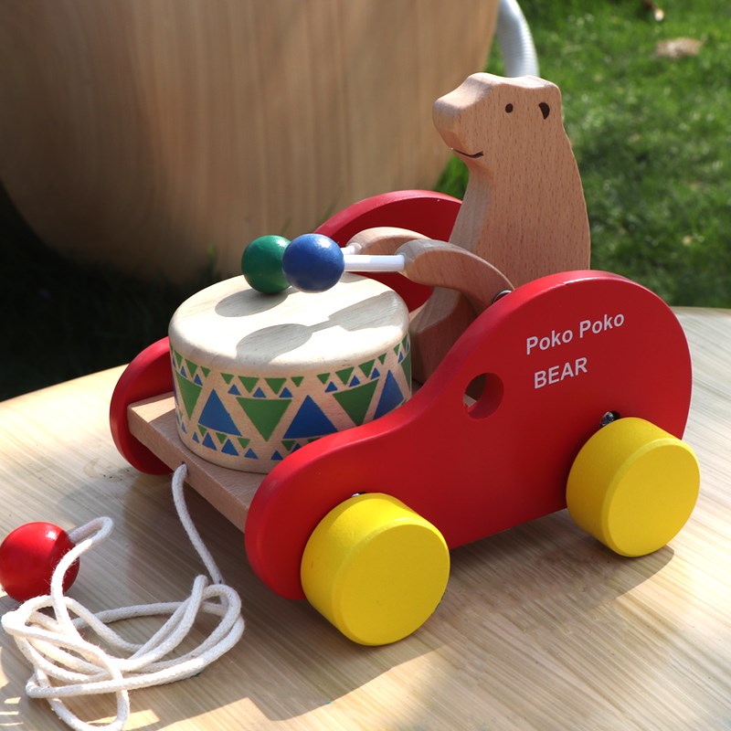 儿童益智力木质实木拖拉学步车2-3-6岁宝宝小拖车玩具手拉敲鼓车
