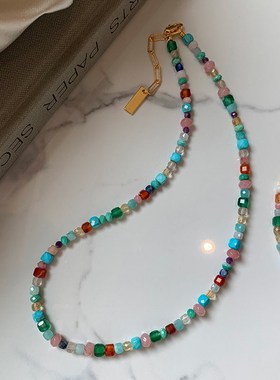 多巴胺彩虹蓝色天然宝石串珠项链女配饰高级感夏天轻奢小众颈链
