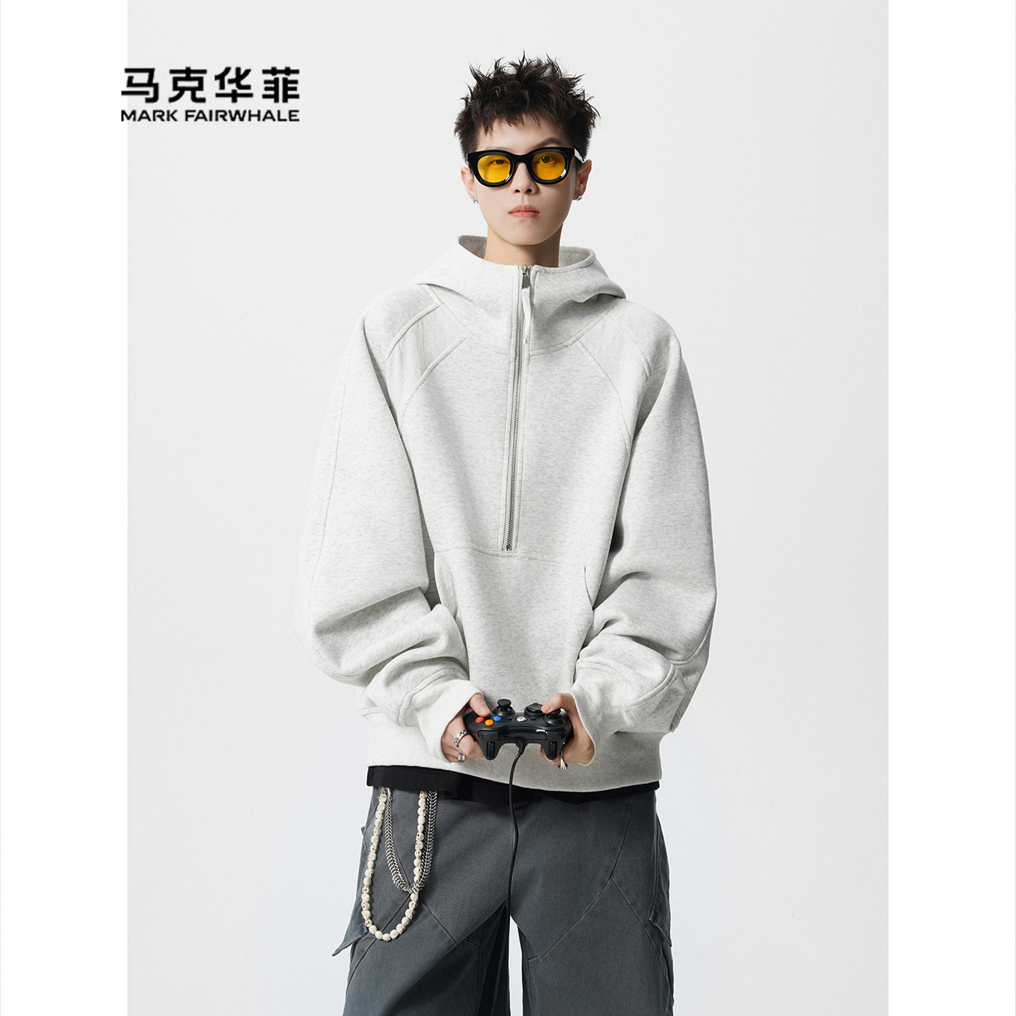 美式重磅半拉链连帽结构卫衣宽松