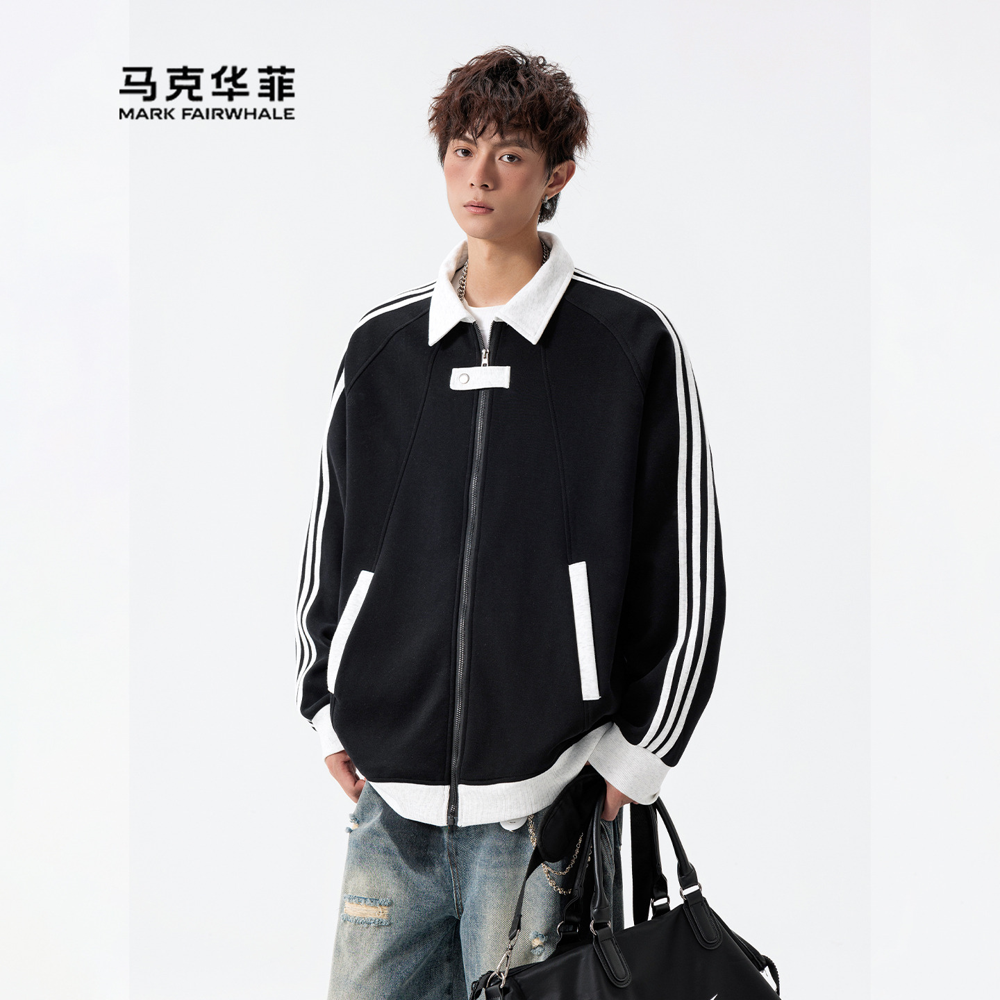 开衫重磅卫衣男条纹撞色翻领夹克