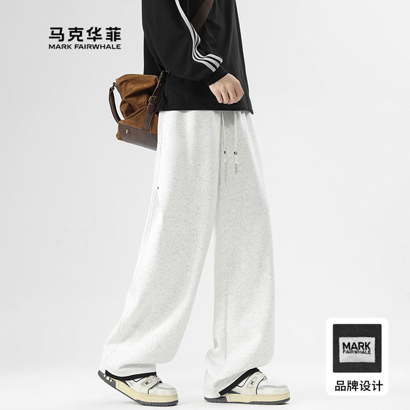 灰色卫裤子男款秋冬褶皱铆钉设计