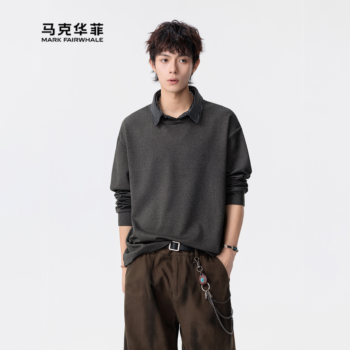 黑色假两件衬衫领卫衣男翻领内搭