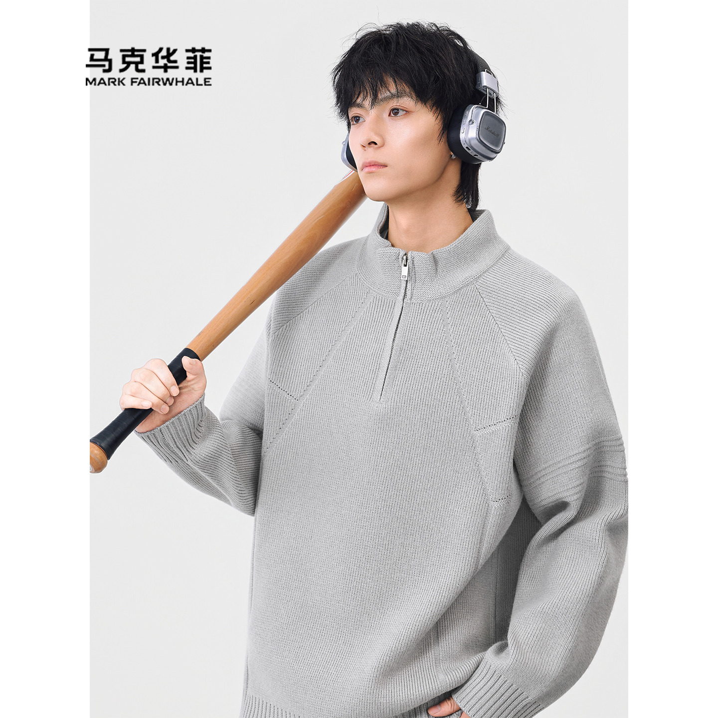 灰色半高领拉链拼接设计针织毛衣