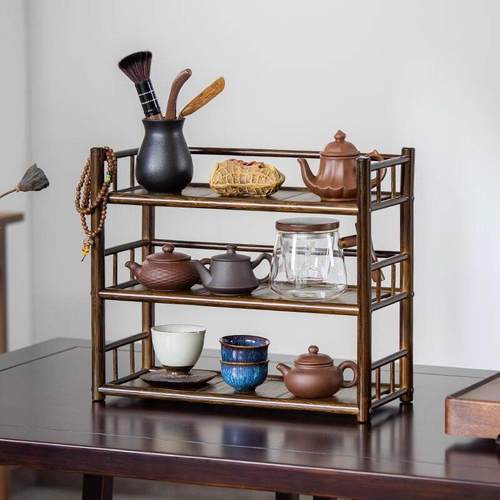 桌面博古架家用中式楠竹小型展示架茶叶收纳架子茶桌杯架子置物架