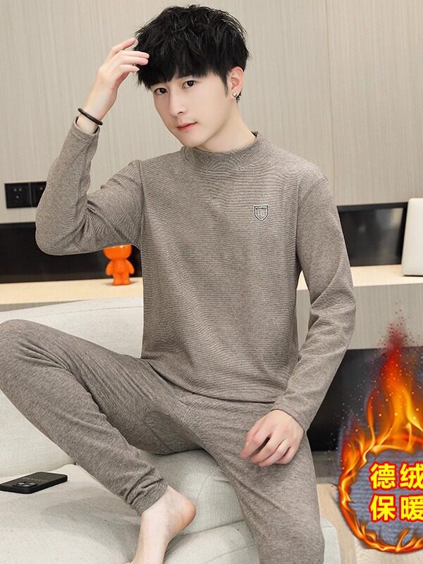 德绒中领保暖内衣套装男秋衣秋裤青少年大童学生半高领贴身打底衫