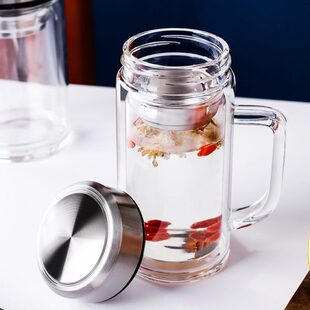 办公室水杯女花茶杯双层玻璃带把手家用隔热透明高档个人防摔茶杯