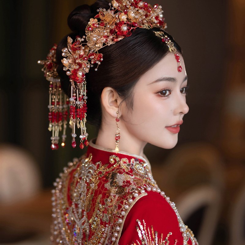 新娘头饰发冠金红色前后冠琉璃花眉心坠古装中式古风秀禾结婚发饰