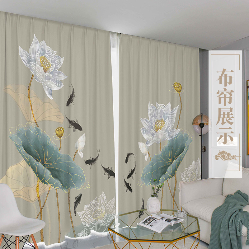窗帘新中式山水水墨画荷花书房窗纱客厅高档大气中国风禅意纱帘