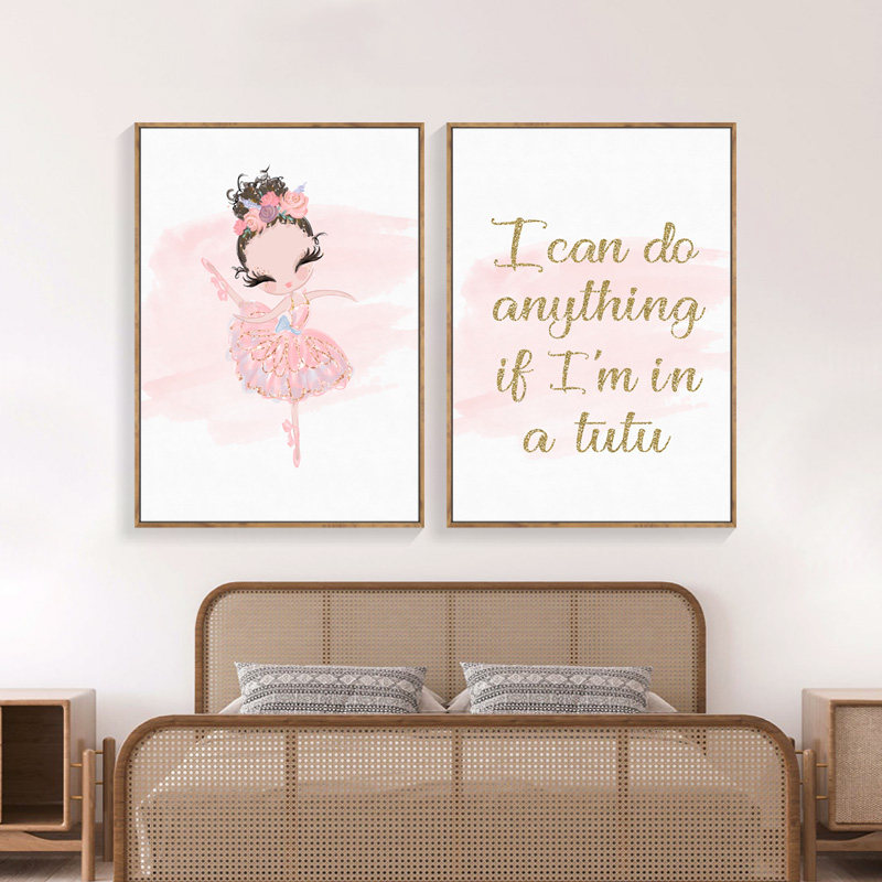 北欧女孩房间装饰画儿童房卧室床头挂画卡通粉色公主房壁画芭蕾舞