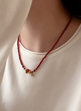 十里间【浅美红玛瑙】文艺新中式天然石串珠项链百搭铃铛锁骨链