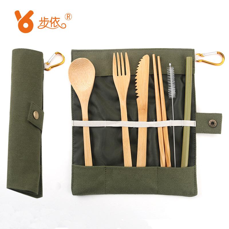 亚马逊希音跨境登山扣帆布收纳袋竹子餐具刀叉勺吸管毛刷筷子6件