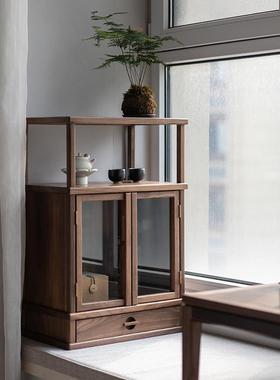 新中式飘窗阳台茶事柜黑胡桃木瓷器柜席地榻榻米储物柜收纳展示柜