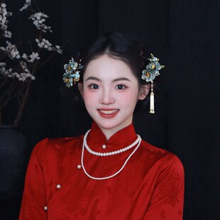 发梳插梳清汉女古风新中式蓝色新娘头饰旗袍盘发流苏发夹侧边簪花