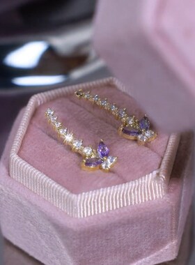 超仙紫色锆石蝴蝶耳排耳环女小众设计精致百搭耳针高级感个性耳饰