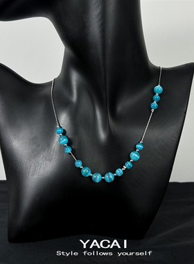 蓝色圆珠猫眼石小清新项链小众设计高级感简约锁骨链水性配饰