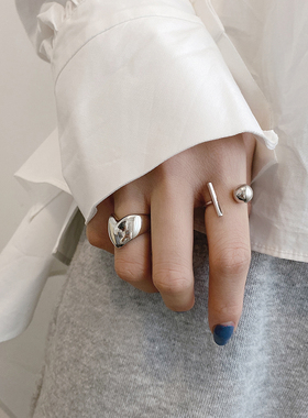 时尚个性女戒指简约几何方形圆珠戒指胖爱心宽面开口戒指银指环