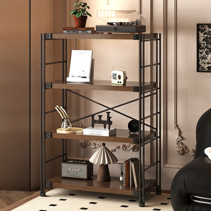 日式钢木置物架落地多层中古收纳架阳台储物架家用书架厨房置物架