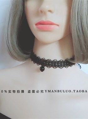 防过敏日韩原宿系带蕾丝颈带项圈玛瑙吊坠锁骨项链百搭气质女黑色