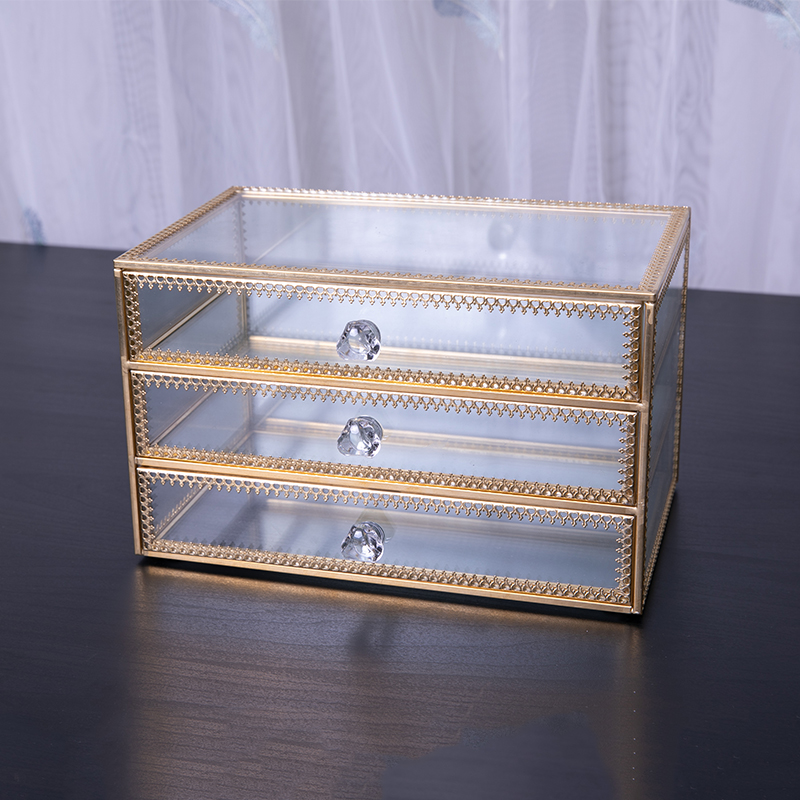 欧式抽屉式金边饰品首饰盒玻璃耳环耳钉戒指项链珠宝收纳盒防尘