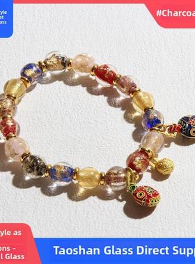 淄博香灰琉璃手串金箔十全十美古法多宝吞金兽本命年手炼女宫廷风