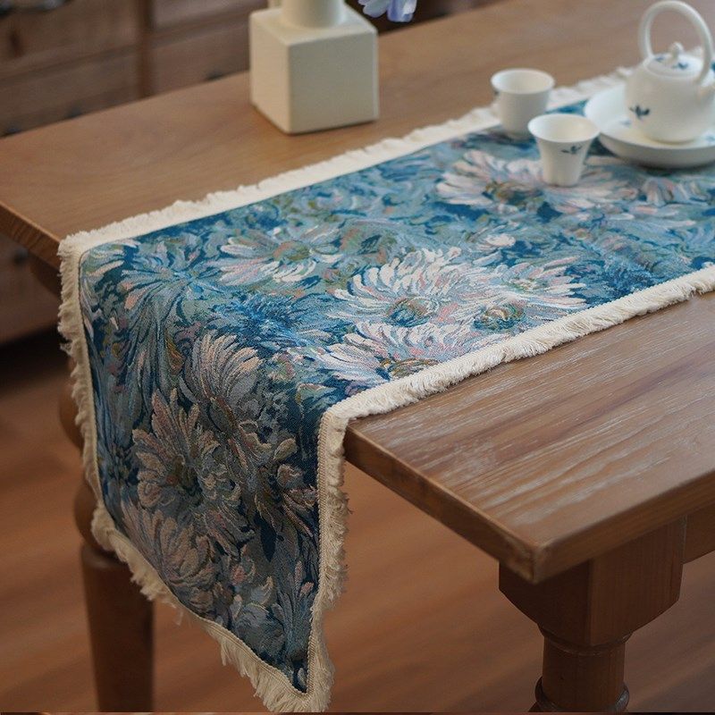 绿色桌旗复古油画玄关柜旗提in风流苏盖布茶几电视柜餐边柜巾