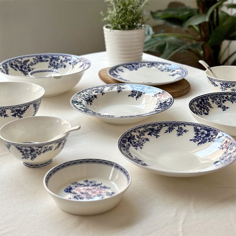 北府 釉下彩青花骨瓷早餐t盘汤盘甜品碗汤碗米饭碗陶瓷餐具可微波