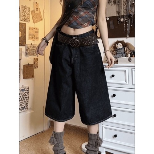 美式复古黑色牛仔女七分裤大码薄款宽松显瘦高腰直筒阔腿中裤短裤