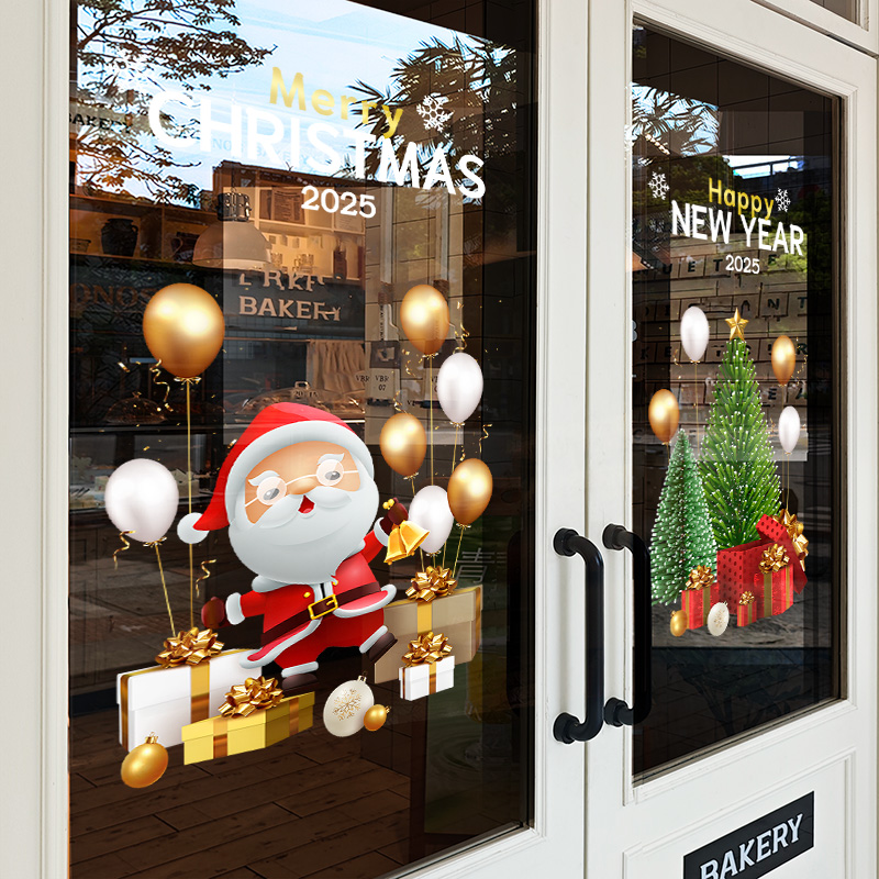 圣诞节装饰老人树门贴场景布置A商场酒店小吃店窗贴静电贴玻璃贴