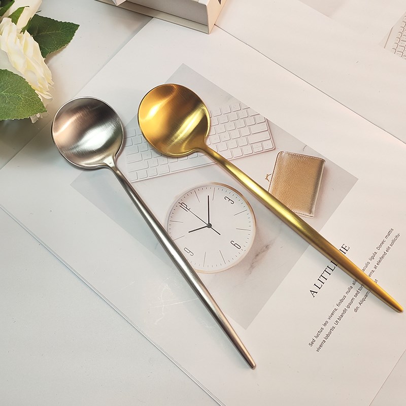 304不锈钢餐桌西餐勺汤匙吃饭勺C子尖尾长柄调羹汤勺商用金色餐具