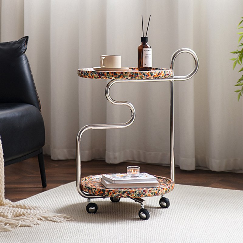 北欧实木圆形沙发边几客厅小茶几可移H动迷你小推车不锈钢床头角