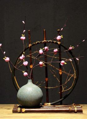 复古陶瓷花瓶中式日式禅意摆件竹编工艺品干花花插客厅博古架装饰