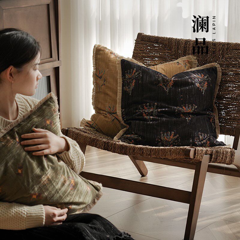 澜品东篱流光丝绒黄麻须边抱枕中式靠枕客厅中古靠垫沙发腰枕
